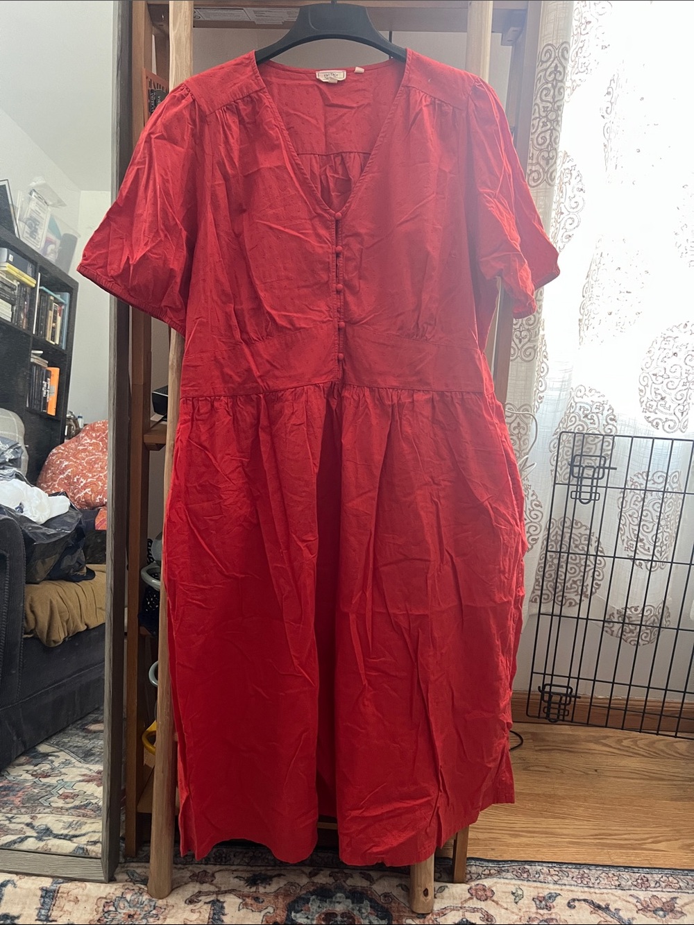 Fat Face Red Midi Tea Dress with Button-Front V-Neck